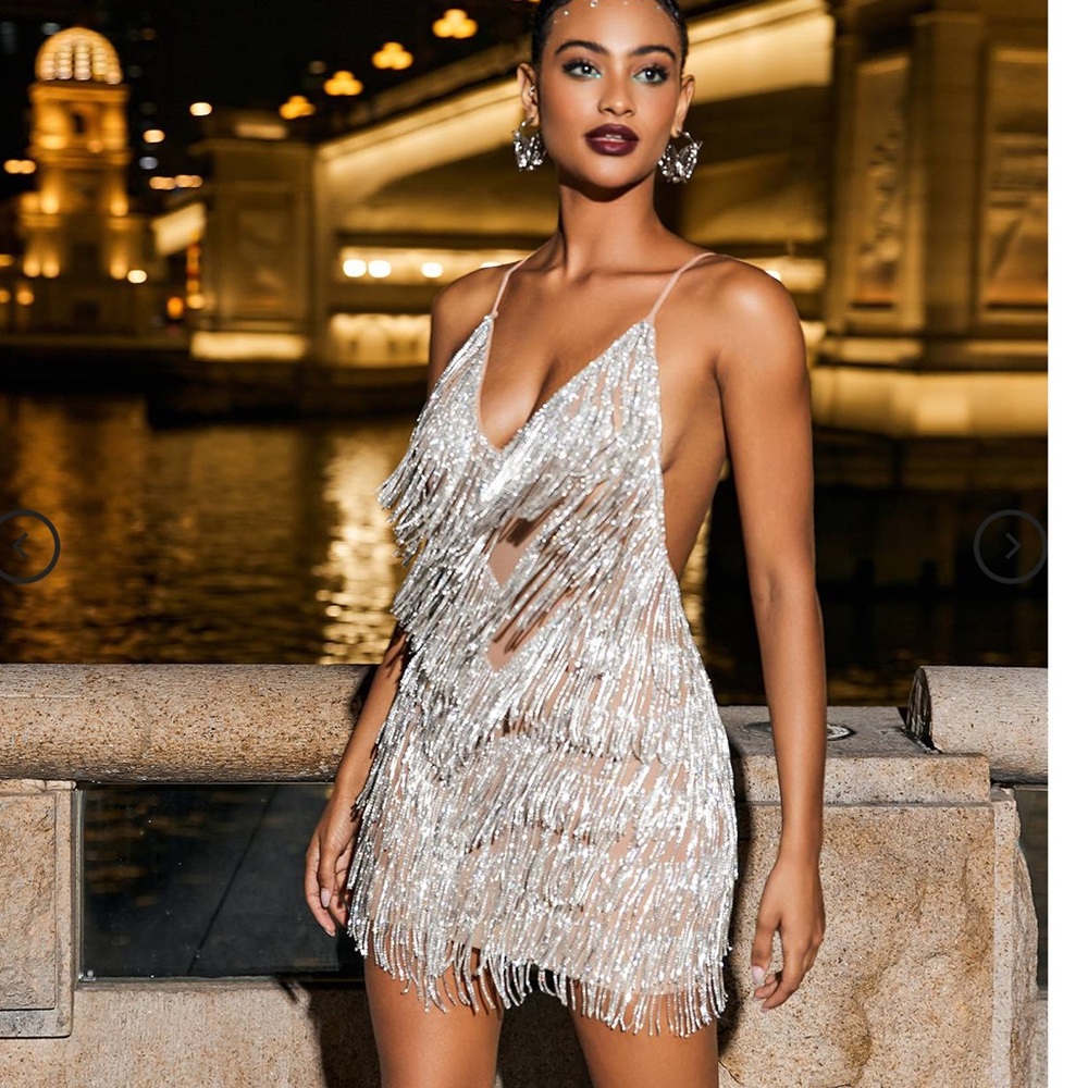 Crystal Chain Fringe Mesh Dress